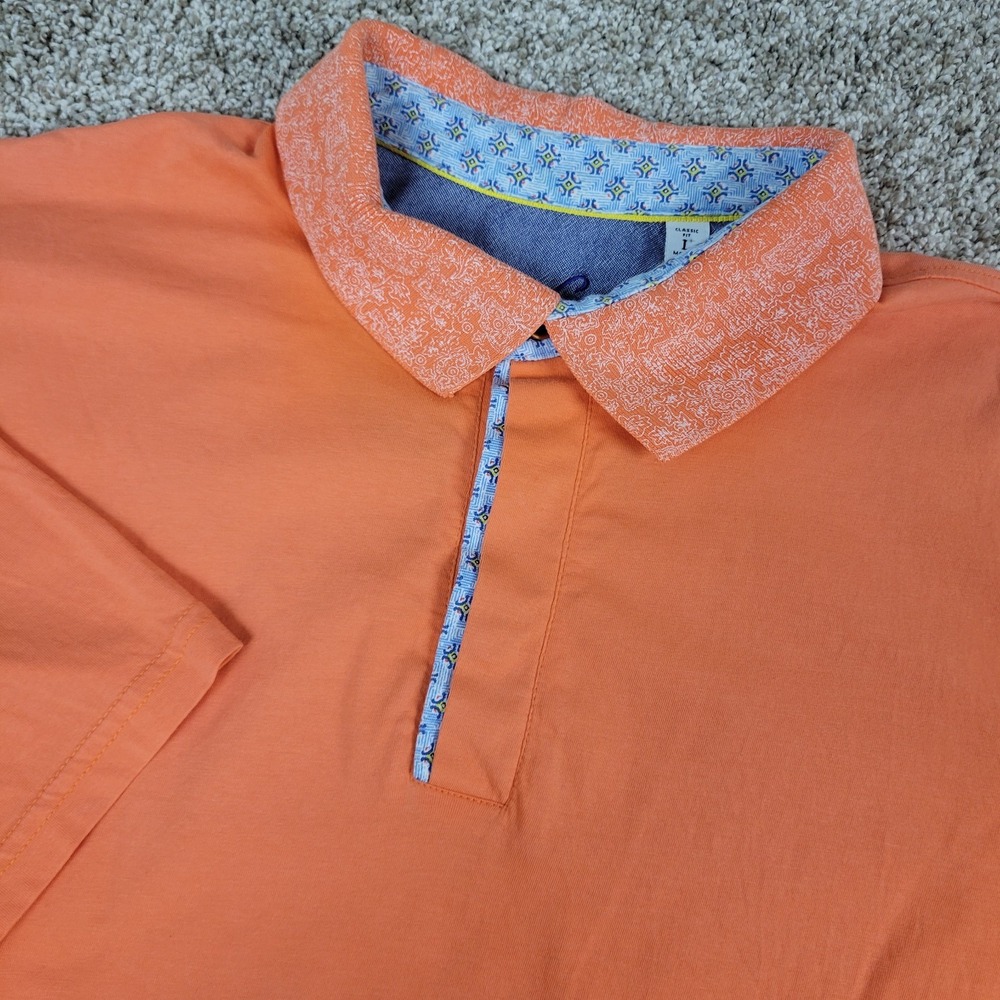Robert Graham Mens Large Solid Orange Floral Collar Stretch Knit Polo SS